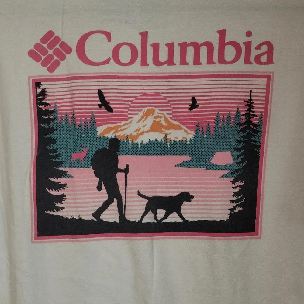 *4/$20 TEE*COLUMBIA men's Large short sleeve hiking by lake sunset w/dog LOT-E - Picture 5 of 6